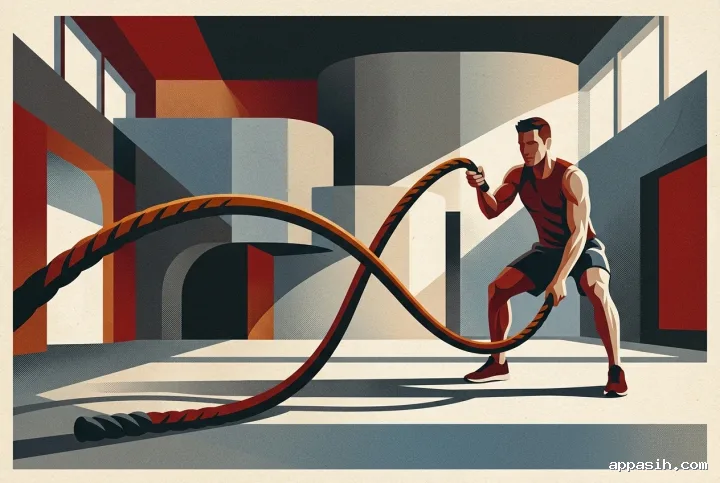 Battle rope athlete viewed from a low three-quarter angle in an abstract graphic fitness studio, with a sweeping foreground rope wave, geometric architecture, printed grain, and dramatic side lighting.