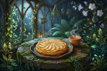 Honey-glazed pear tart and steaming herbal tea on a stone table inside a moonlit enchanted greenhouse with glowing herbs and lush fantasy plants.