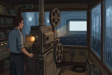 Cinema projectionist operating a vintage film projector during a thunderstorm in a dark theater, rendered in cinematic Retro Pixel Art.