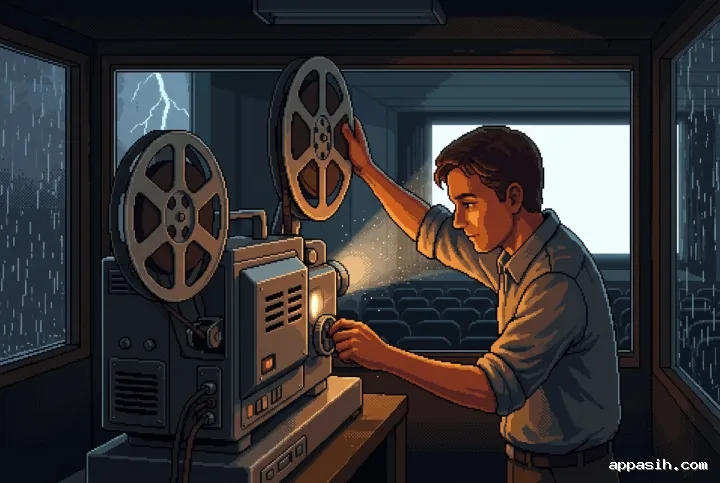 Cinema projectionist adjusting a vintage film projector in a storm-lit projection booth, shown in a closer cinematic Retro Pixel Art view.