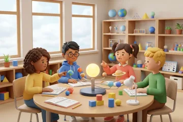 Stylized 3D students exploring a colorful tabletop solar system model together in a bright modern science classroom.