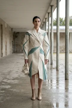 Fashion model in an ivory and muted teal sculptural origami coat made from folded textile and handmade paper panels, standing in a wet concrete arcade.