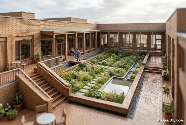 Detailed 3D tilt-shift miniature of the brick courtyard library with its rain garden, reflective water channels, covered galleries, terraces, footbridge, and tiny visitors after rainfall.