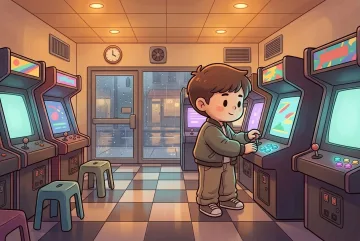 Chibi teenager playing a generic arcade cabinet inside a warm retro neighborhood arcade on a rainy evening.