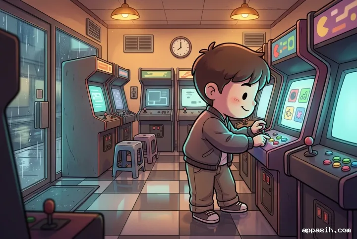 Chibi teenager leaning toward a glowing arcade cabinet in the same rainy retro arcade, viewed from a closer three-quarter angle.