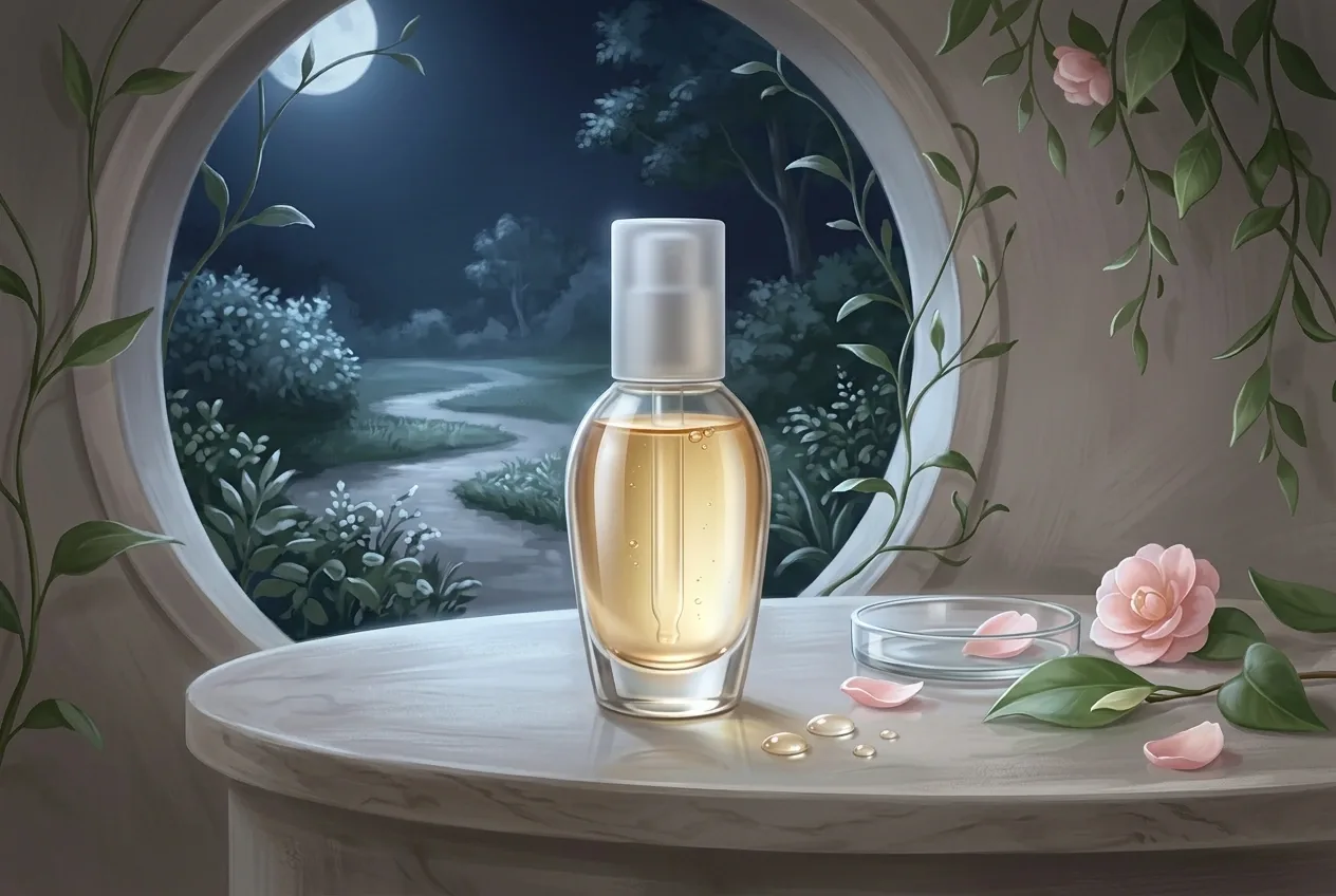 Glass facial serum bottle with botanical petals and leaves on a moonlit curved stone vanity rendered in Concept Art style.