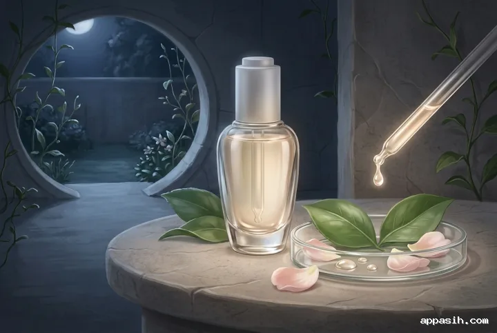 Moonlit Concept Art scene of a glass facial serum bottle on a curved botanical vanity with a pipette holding a glowing serum droplet above a glass dish.