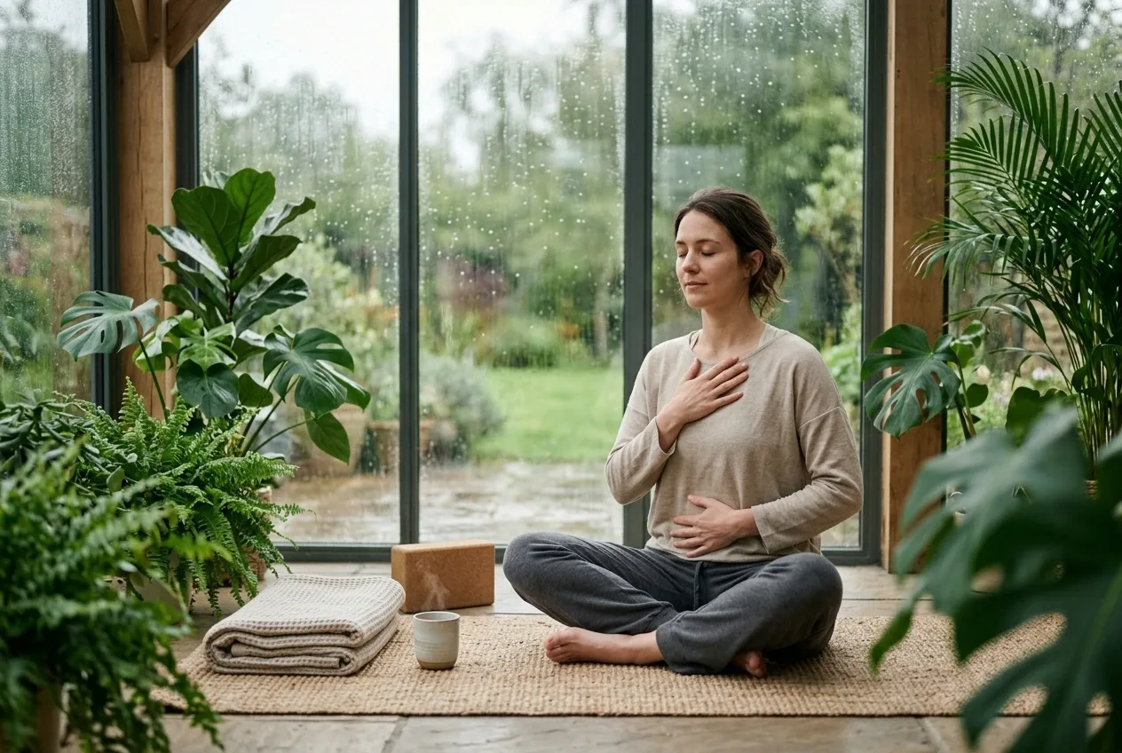 Woman practicing mindful diaphragmatic breathing on a yoga mat in a cinematic glass garden room during a rainy morning.