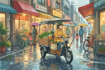 Anime-inspired cartoon of an electric cargo tricycle carrying fresh produce through a rainy neighborhood market street with puddles, bicycles, umbrellas, and warm shop lights.