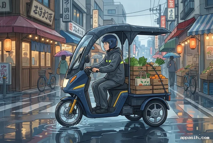 Closer anime-inspired cartoon view of an electric cargo tricycle steering around a puddle while transporting fresh produce through the same rainy neighborhood market street.