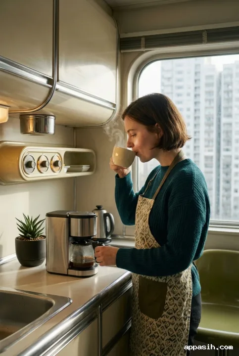 Young adult lifting a steaming coffee cup beside a metallic brewer in a compact retro-futurist apartment with curved furnishings and warm morning light.
