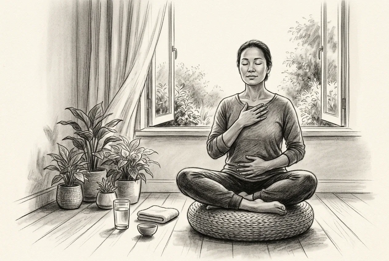 Charcoal drawing of an adult practicing morning breathwork on a floor cushion beside an open garden window with houseplants, water, and a folded towel.