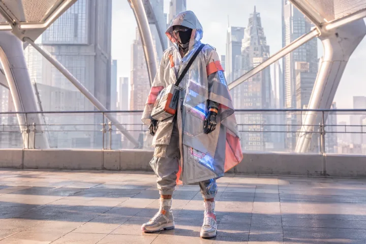 Anonymous futuristic city courier wearing a sculptural privacy-reactive smart-textile coat inside a bright metropolitan transit atrium.