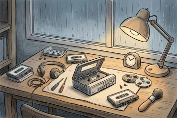 Hand-drawn doodle of a rainy 1980s cassette repair bench with a portable cassette player, blank-label tapes, coiled headphones, small tools, spare reels, and a warm desk lamp.