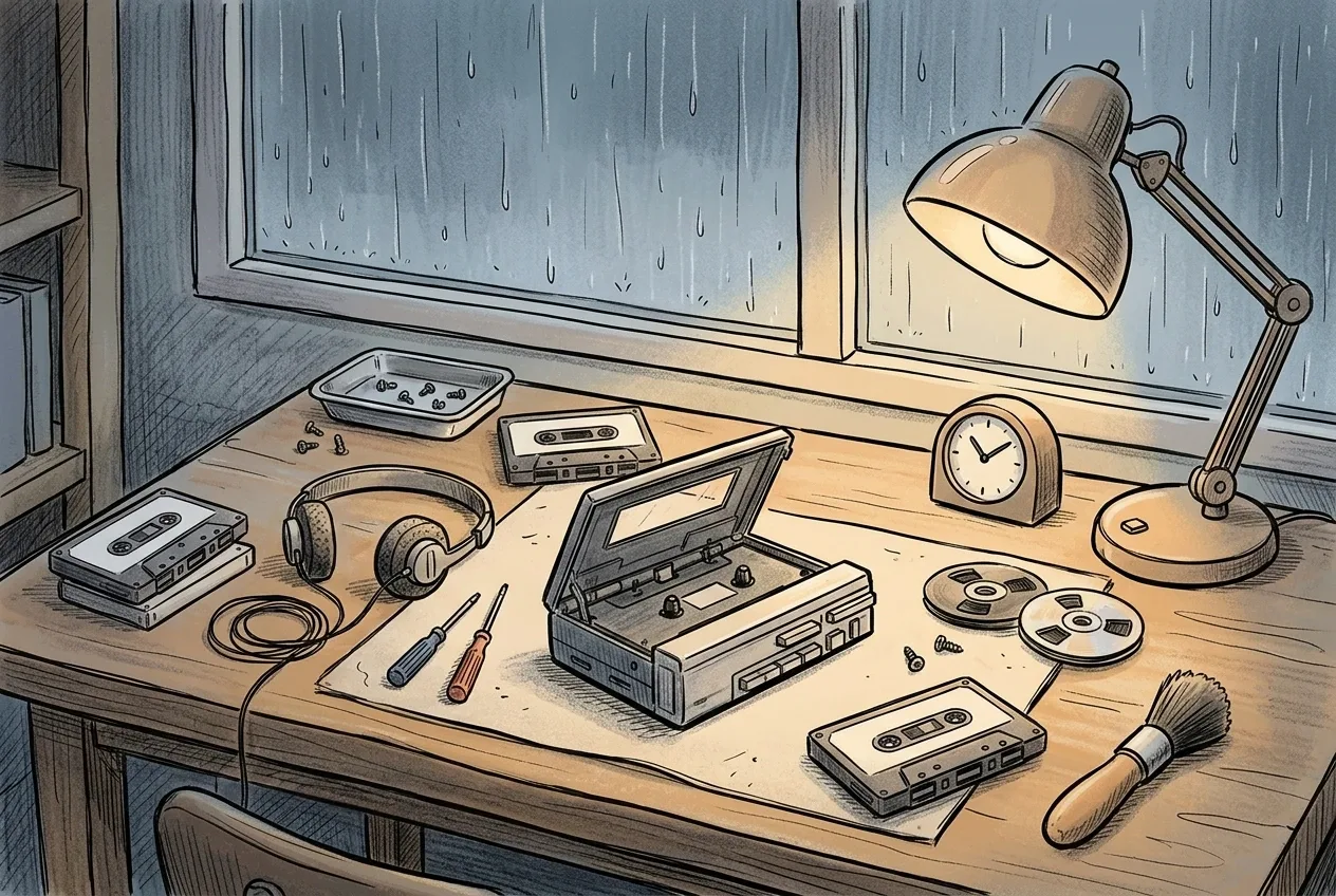 Hand-drawn doodle of a rainy 1980s cassette repair bench with a portable cassette player, blank-label tapes, coiled headphones, small tools, spare reels, and a warm desk lamp.
