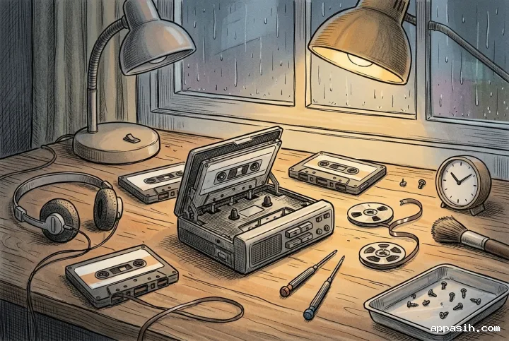Closer hand-drawn doodle view of the same rainy 1980s cassette repair bench with an open portable cassette player, blank-label tapes, coiled headphones, repair tools, spare reels, and warm desk-lamp light.