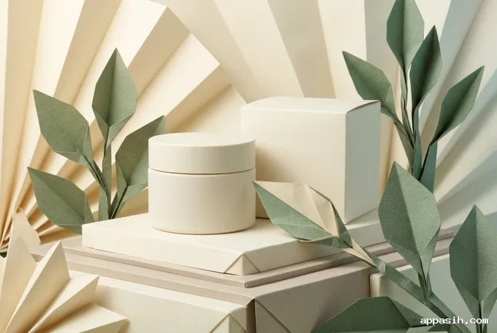 Closer three-quarter view of an ivory skincare jar and matching carton framed by sage origami leaves, pleated cream paper, and layered folded plinths in a tactile mixed-media landscape mockup.