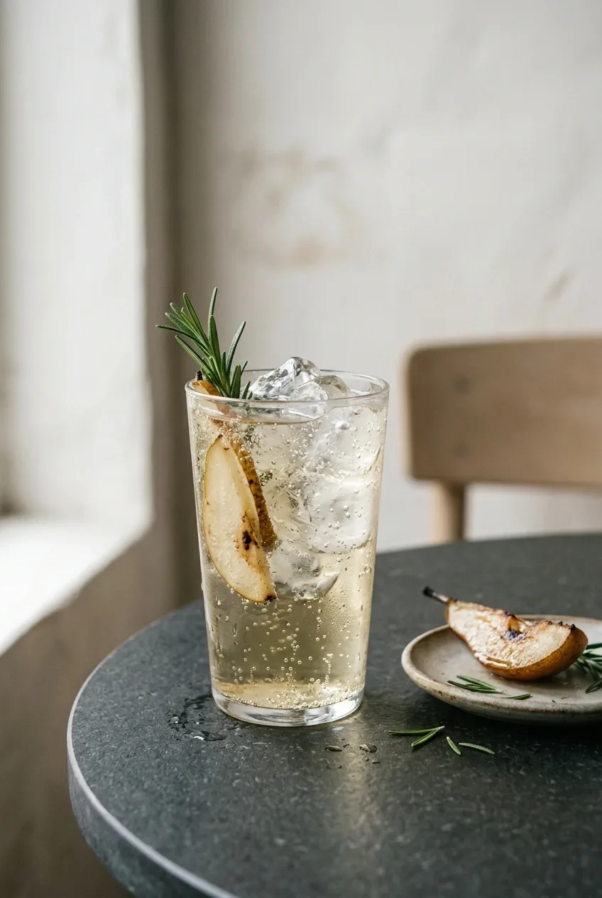 Charred pear and rosemary sparkling tonic with clear ice and condensation on a dark stone café table.