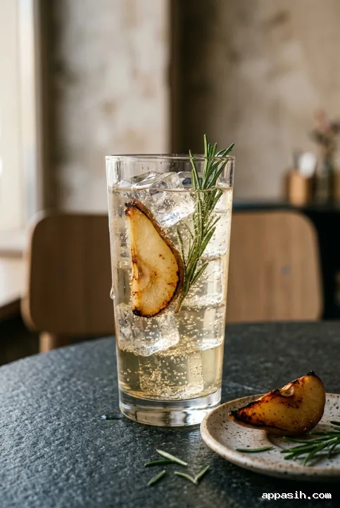 Close editorial view of charred pear and rosemary sparkling tonic glowing in soft late-afternoon café light.