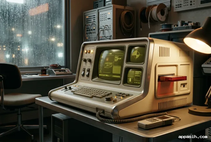 Three-quarter view of a retro-futuristic home computing console with glowing analog controls, translucent data cartridge, and rainy studio windows at night.