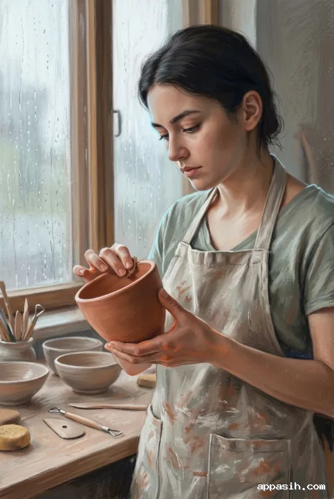 Soft pastel portrait of a ceramic artist examining a terracotta vessel beside a rainy pottery studio window.