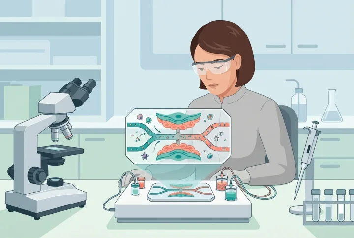 Vector illustration of a biomedical researcher examining an organ-on-chip device with microfluidic channels, tissue structures, and immune cells in a modern laboratory.