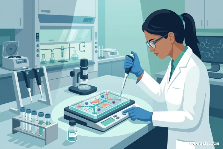 Detailed vector illustration of a biomedical researcher using a pipette beside an organ-on-chip device containing tissue structures, microfluidic channels, and circulating immune cells.