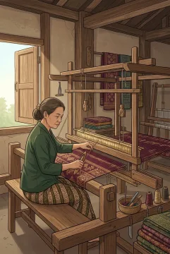 2D illustration of a traditional songket artisan weaving burgundy and gold geometric fabric on a wooden handloom inside a heritage workshop.