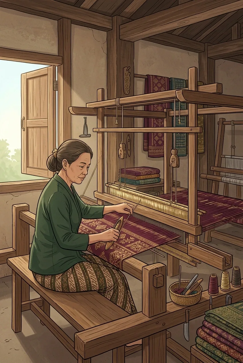 2D illustration of a traditional songket artisan weaving burgundy and gold geometric fabric on a wooden handloom inside a heritage workshop.