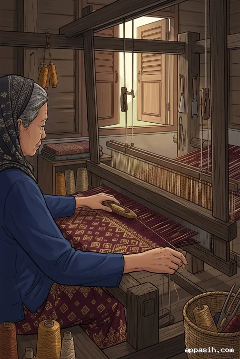 Detailed 2D illustration of a songket artisan passing a shuttle through burgundy and gold fabric on a wooden handloom in a traditional heritage workshop.
