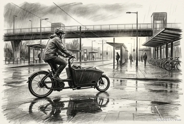 Detailed charcoal drawing of an electric cargo bicycle courier turning through a rainy multimodal transit hub, with puddle reflections, tram platforms, bicycle racks, and an elevated pedestrian bridge.
