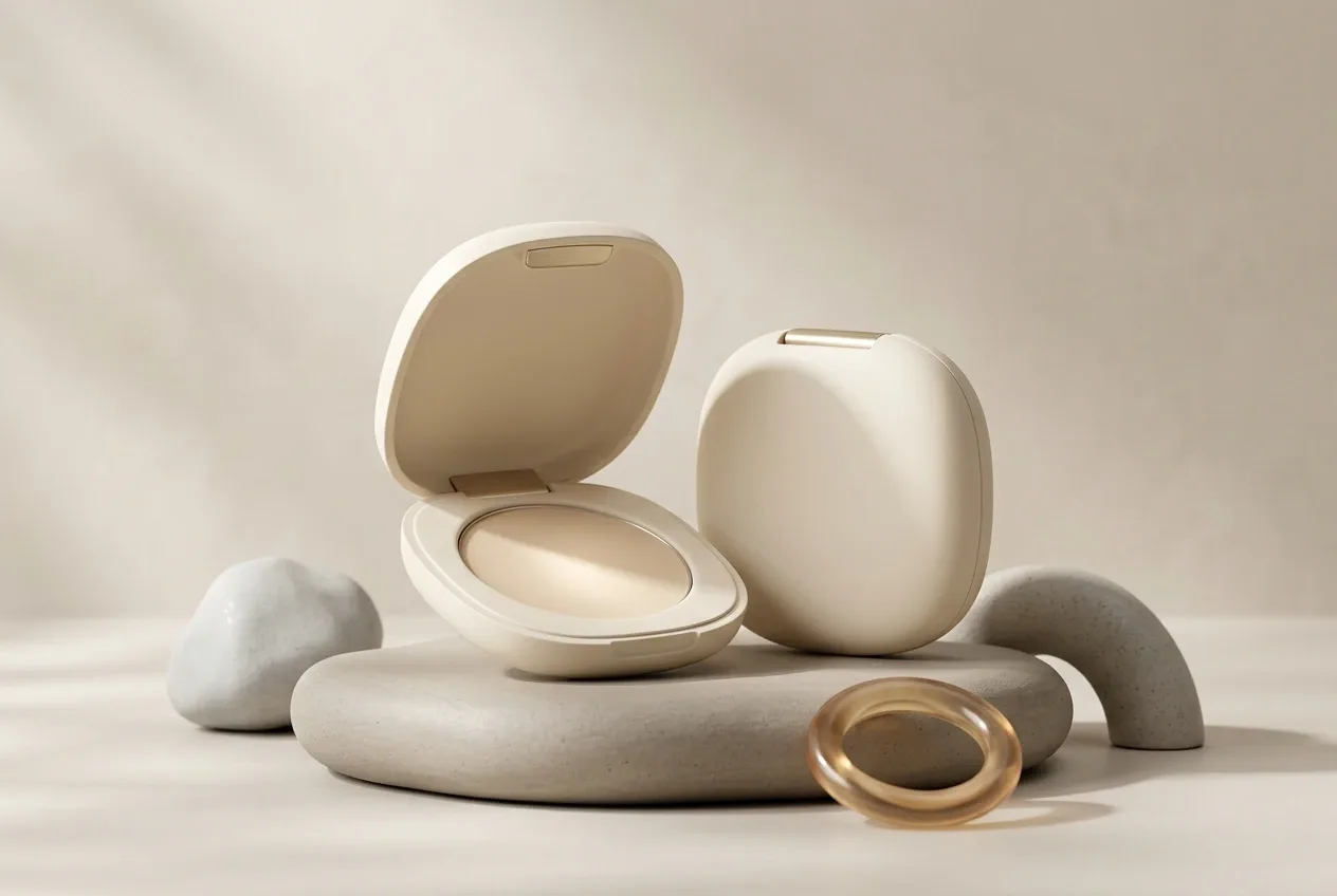 3D render of an open refillable solid perfume compact with an ivory pebble-shaped case and removable pan on a sculpted ceramic podium.