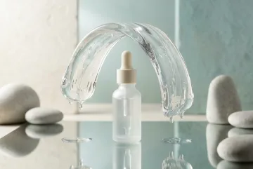Unbranded frosted glass serum bottle standing beneath a surreal floating translucent gel arch over a reflective liquid surface.