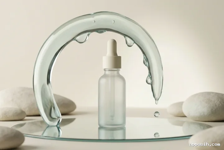 Closer three-quarter view of an unbranded frosted serum bottle beneath a floating translucent gel arch with a descending droplet and reflective liquid surface.
