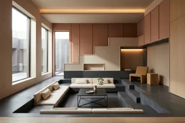 Graphic geometric interior with a sunken conversation lounge, sculptural reading nook, angular furniture, terracotta accents, and rhythmic wall panels.