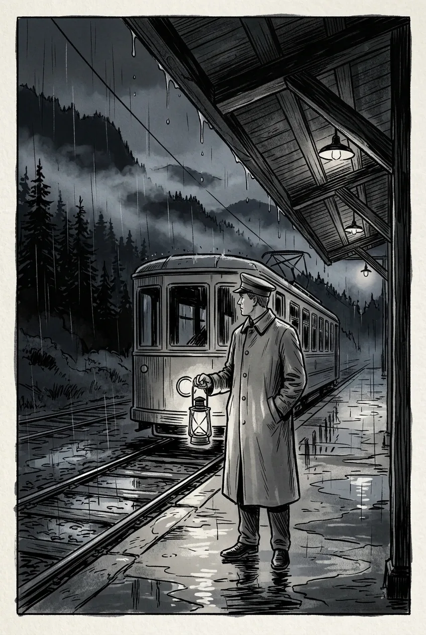 Line art drawing of a lone tram conductor beside an empty tram at a rain-soaked mountain terminus at night, with wet rails, misty pine trees, and reflected station lights.