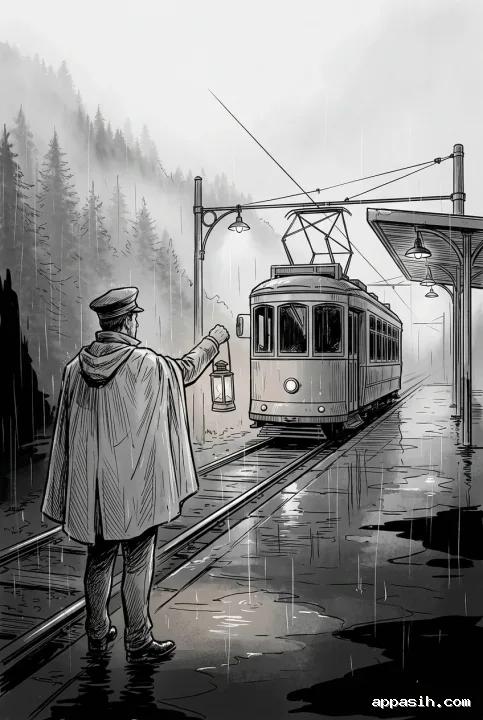 Closer line art view of a tram conductor raising a small signal lantern beside an empty tram at the same rainy mountain terminus, with misty pines, wet rails, and reflected night lights.