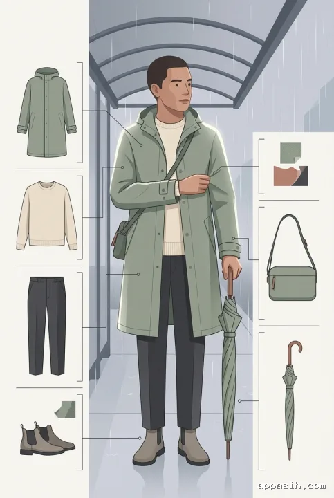 Detailed graphic infographic illustration of a commuter adjusting the cuff of a sage modular raincoat, surrounded by coordinated layered garments and weather-ready accessories.