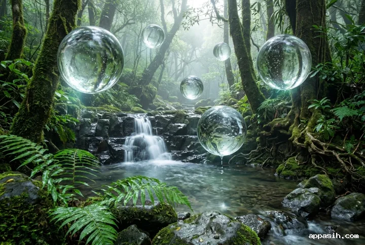 Surreal cloud forest waterfall viewed from a lower stream-bank angle with mossy rocks, mist, ferns, and translucent dew spheres suspended among ancient trees.
