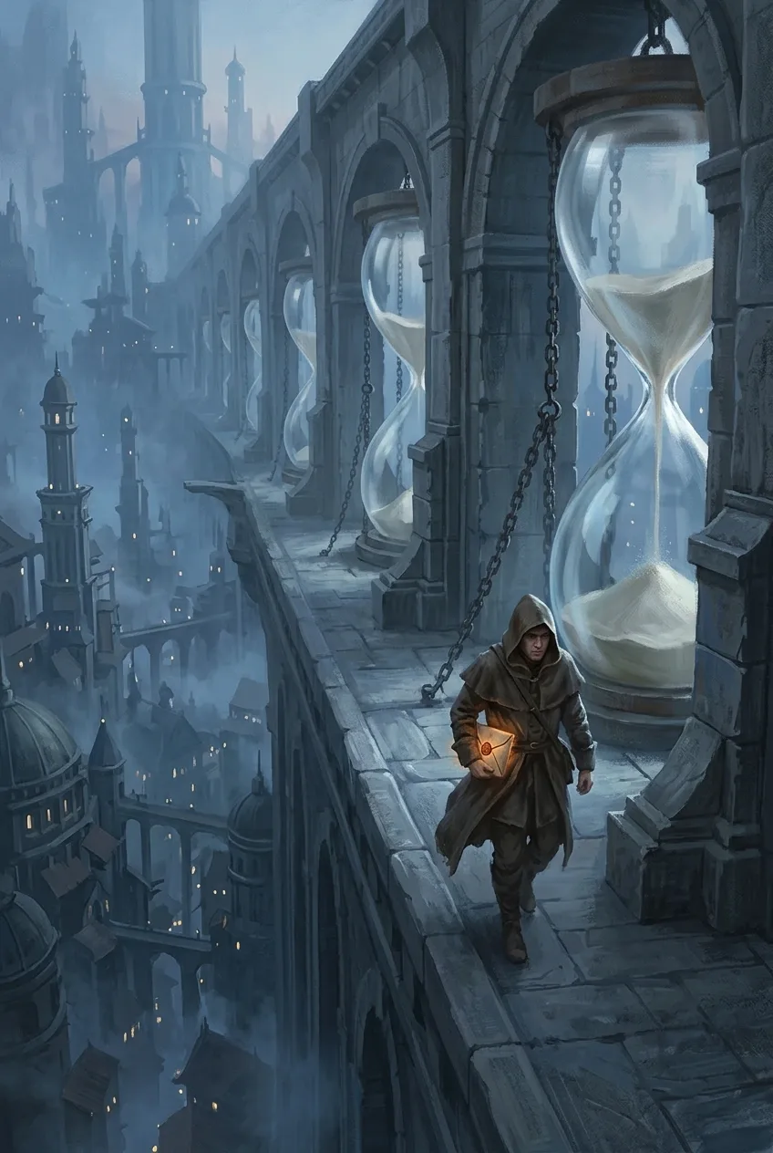 Deadline courier carrying a glowing parcel across a giant hourglass bridge above a misty fantasy city.