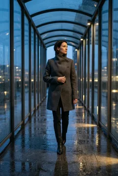 Cinematic fashion portrait of a model in a charcoal tailored coat walking along a rain-slicked glass walkway at blue hour.