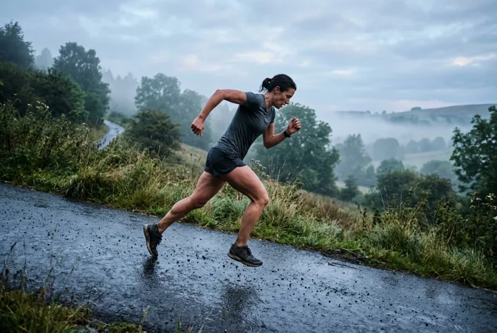 Athlete performing a steep hill sprint on a wet park path at misty dawn in Fine Art Photography.