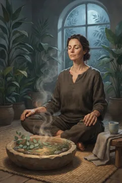 Woman practicing herbal steam meditation beside a warm stone basin in a moonlit botanical wellness sanctuary, illustrated as Concept Art.