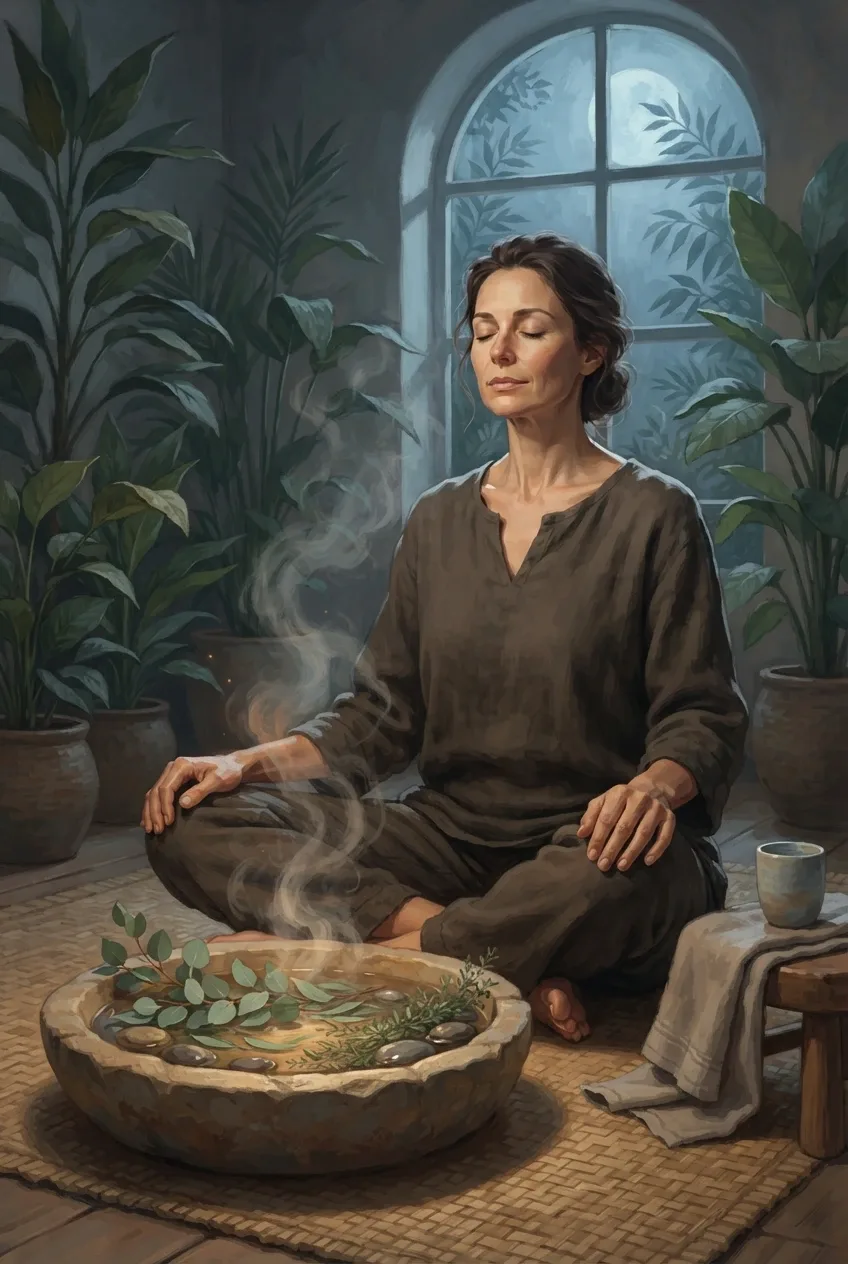 Woman practicing herbal steam meditation beside a warm stone basin in a moonlit botanical wellness sanctuary, illustrated as Concept Art.