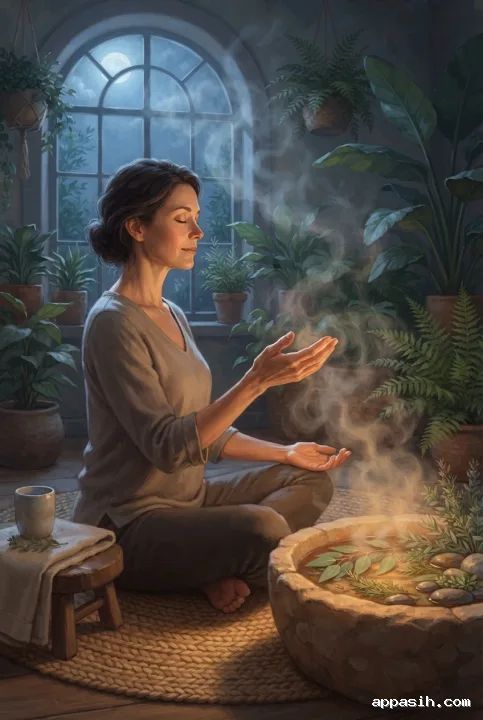 Concept Art of a woman gently raising one hand toward herbal steam while meditating beside a stone basin in the same moonlit botanical wellness sanctuary.