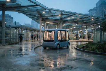 Cinematic autonomous electric shuttle traveling through a rainy elevated urban transit hub at dusk with wet pavement and modern public transport infrastructure.