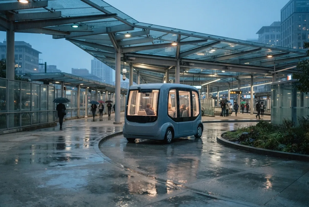 Cinematic autonomous electric shuttle traveling through a rainy elevated urban transit hub at dusk with wet pavement and modern public transport infrastructure.