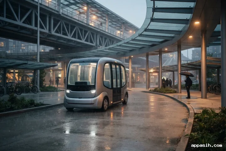 Cinematic close three-quarter view of an autonomous electric shuttle rounding a wet lane inside a rainy elevated transit hub with commuters, glass canopies, and warm station reflections.
