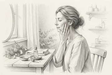 Pencil sketch of a woman applying botanical face serum at a minimalist vanity with a dropper bottle, ceramic dish, folded towel, and leaves.