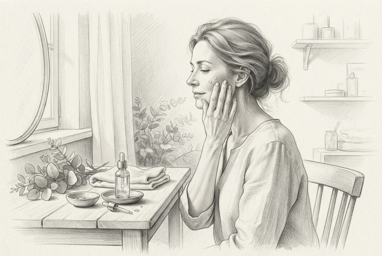 Pencil sketch of a woman applying botanical face serum at a minimalist vanity with a dropper bottle, ceramic dish, folded towel, and leaves.